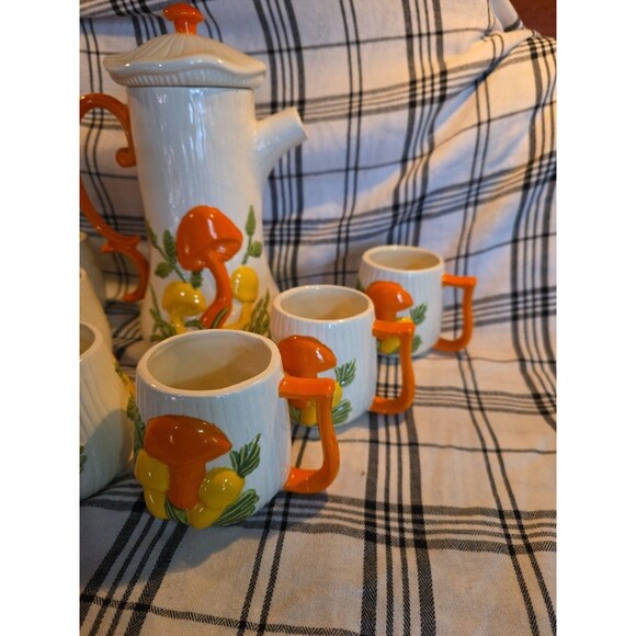 Vintage Ceramic Coffee Server Set Mushroom Motif‎ Coffee Pot 6 Mugs Arnels - Picture 3 of 13